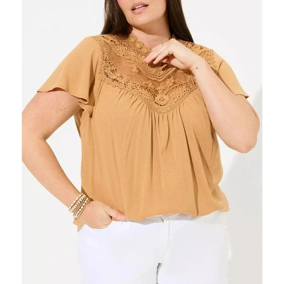 Torrid Washable Crinkle Gauze Yoke Flutter SS Top Plus Size 2 2X Boho Festival - Picture 1 of 14